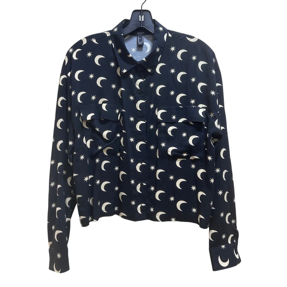Forever 21 Moon Star Blouse M Black Celestial Button Up Witchy Goth Astrology - Picture 2 of 7